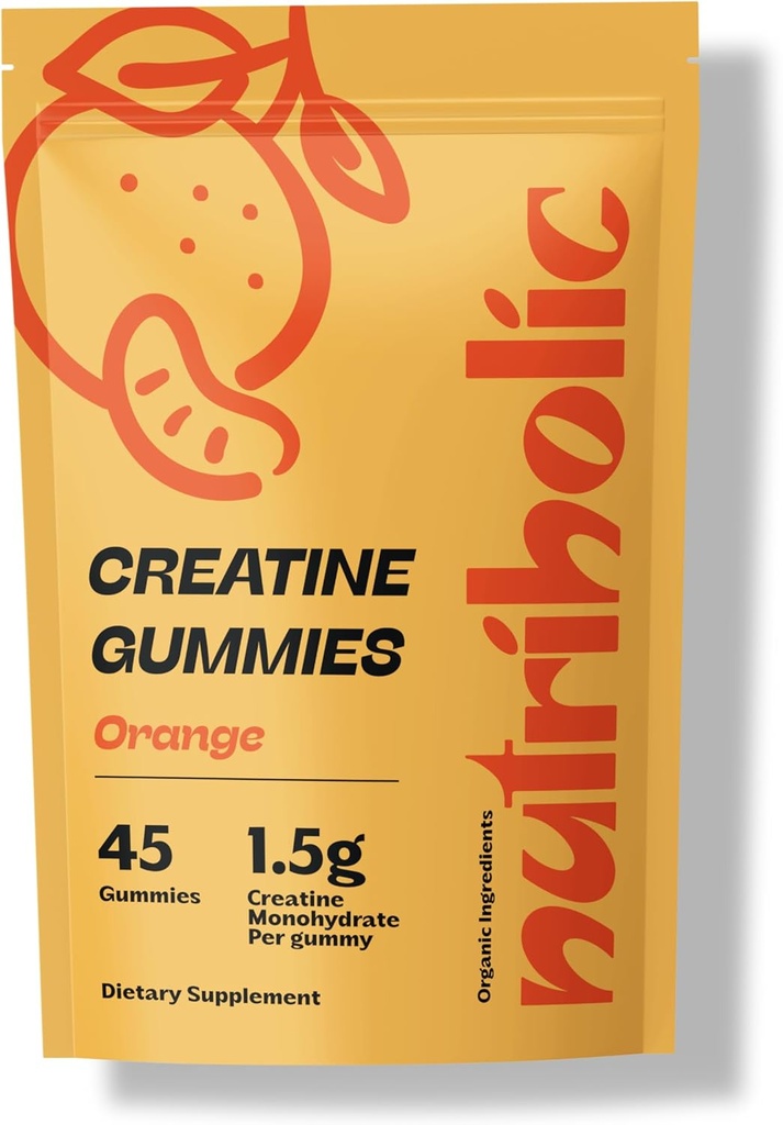 Kreatin Monohidrat Gumiji za moške in ženske - enostavno za prebavo, Vegan, Gluten-free, Non-GMO, 1,5 g Kreatina na Gummy - 45ct (45 grofija, Orange)