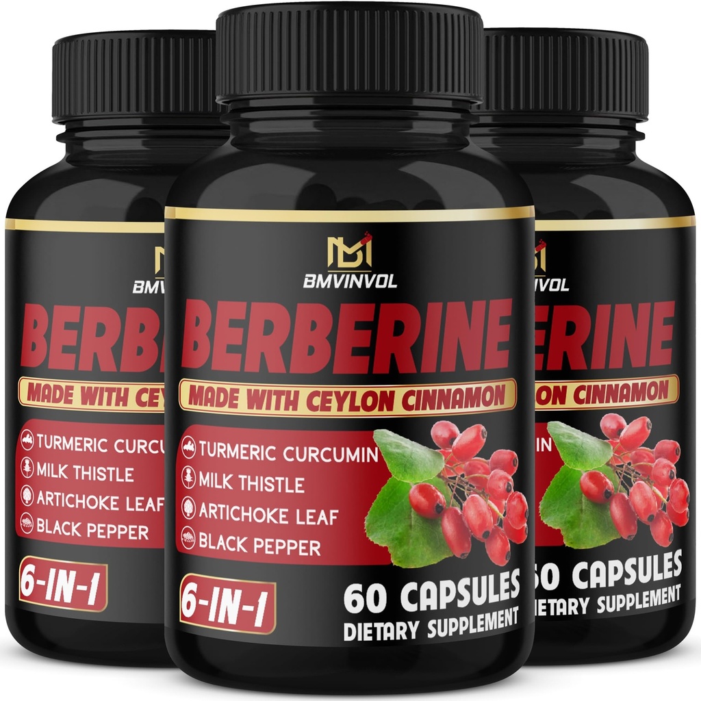 (3 pakiranja) Berberine Supplement Plus Ceylon Cimet, Mlečni osat, Kurkuma, Artichoke List, Črna Peppe - 6 mesecev dobava - 180 Kapsule skupaj