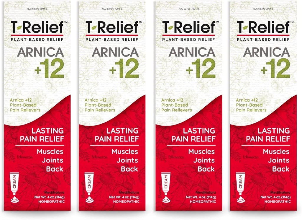 T-Relief Arnica +12 Krema Naravno lajšanje aktivnosti za bolečine v hrbtu bolečine v sklepih bolečine v mišicah in čvrstost, celotno telo hitro deluje olajšava za ženske in moške - 4 oz (4 paket)