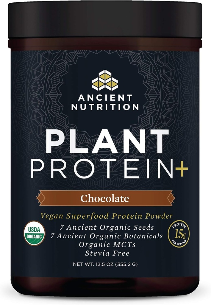 Ancient Nutrition Plant Protein Powder, Plant Protein+, Chocolate, Organic Vegan Superfoods Supplement, 15g Protein Per Serving, Gluten Free, Paleo prijazno 12 Serving