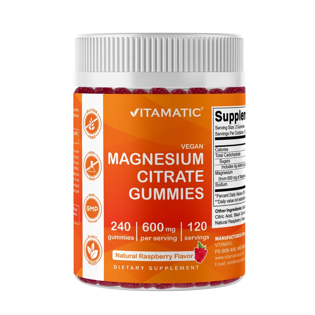 Vitamat Magnezijev Citrat Gumies 600mg na Serving - 240 Veganski Gumies - Naravna malina Okus - Visoka absorpcija Magnezijev dodatek - Podpira Živčne, kosti in mišice zdravje