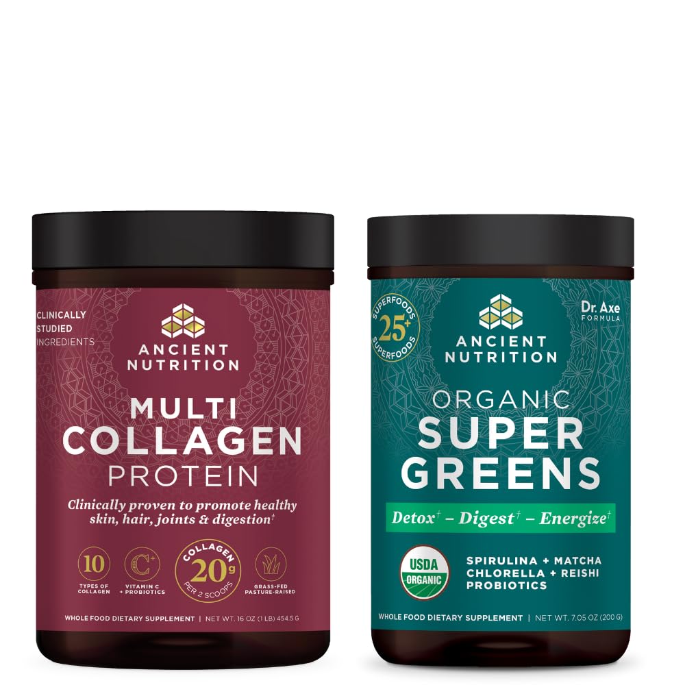 Ancient Nutrition Organic SuperGreens Powder, 25 Servings + Multi colagen Protein Powder, nearomatizirana, 45 Serving