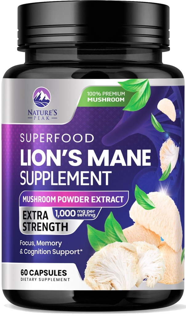 Levi Mane gob Kapsule 10.000mg - Levje Mane Dopolnilne Kapsule za spomin in fokus podporo, Možgani, Imunska zdravstvena podpora, Vegan, Ustekleničen v ZDA, Lions Mane gobe Powder Extract, 60 Število