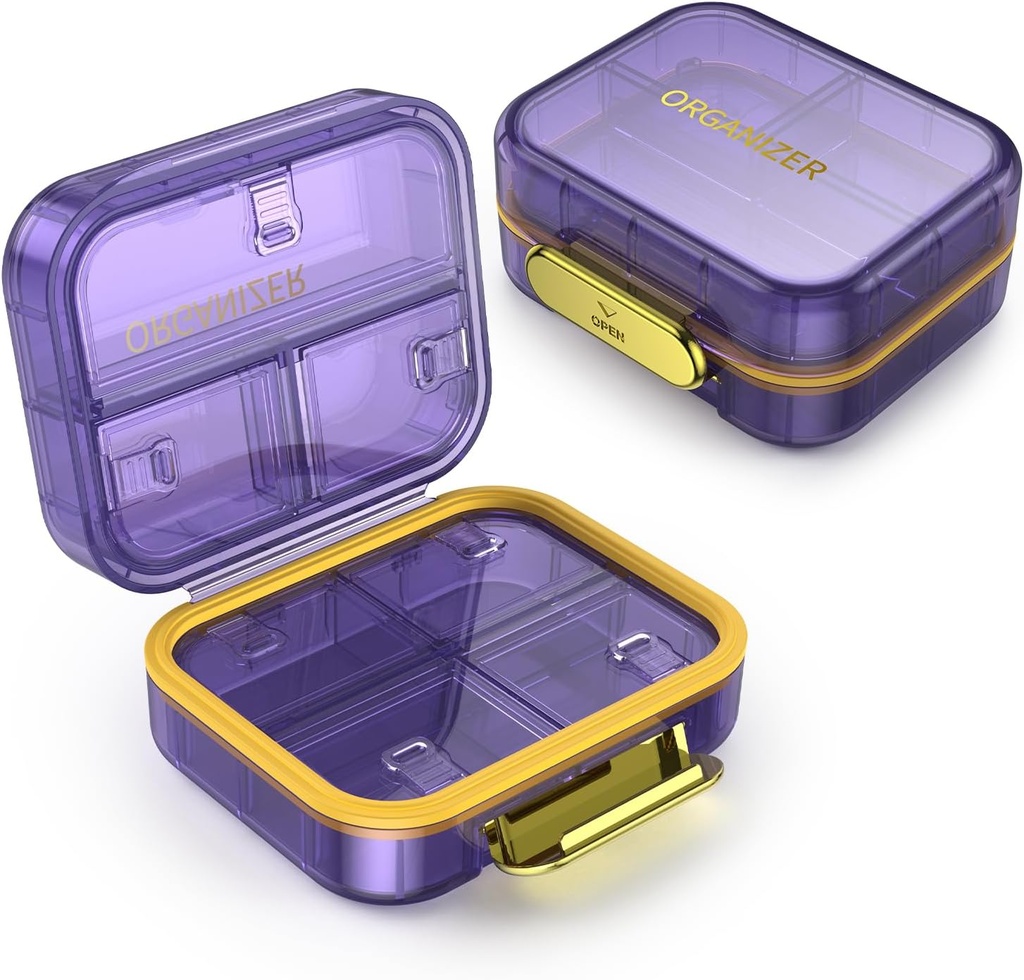 7 Compartment Travel Pill Box, Tablete Organizator Vlaga dokaz Mini tablete, majhne tablete Škatla za žepno torbico, Dnevno prenosljiv Medicine Vitamin Box, Fish Oil Box, Dopolnilno polje (purple)