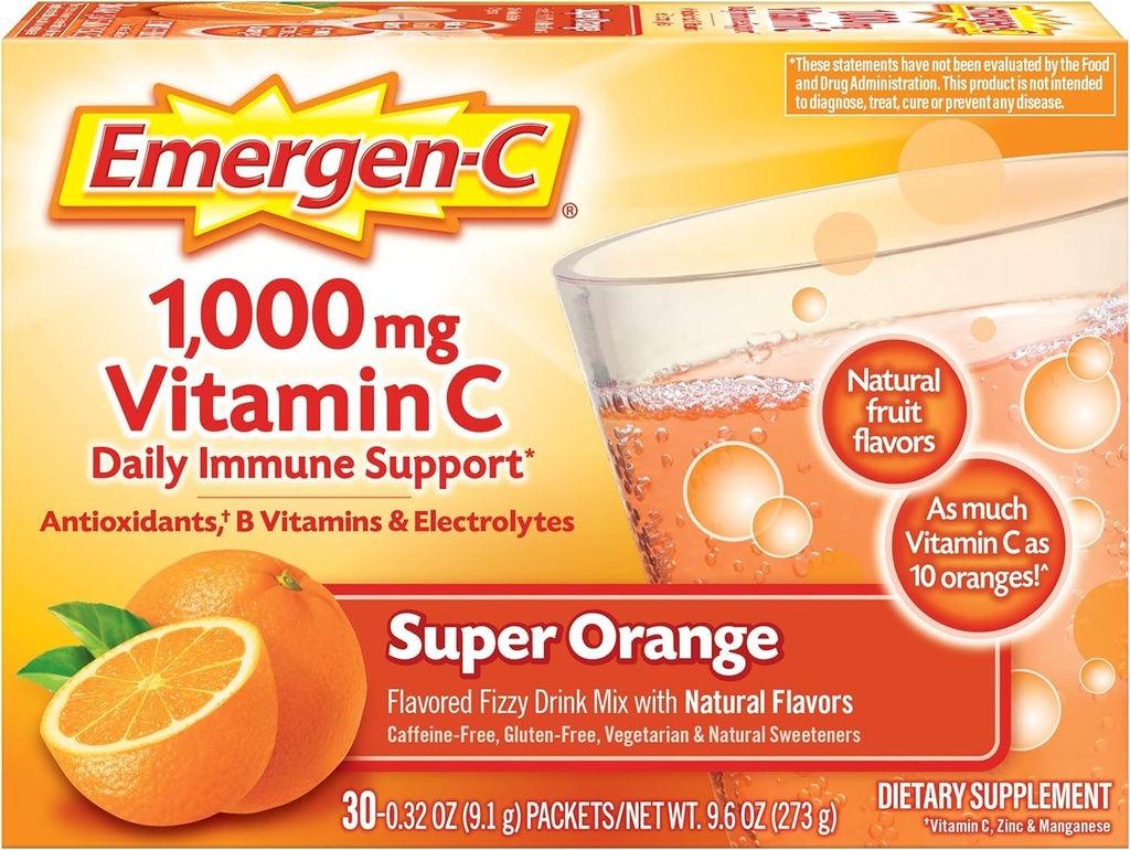 Emergen-C 1000mg Vitamin C Powder za dnevno imuno podporo Kofein Brez vitamina C Dodatki z cinkom in manganom, Super Orange Flavor - 30 Count