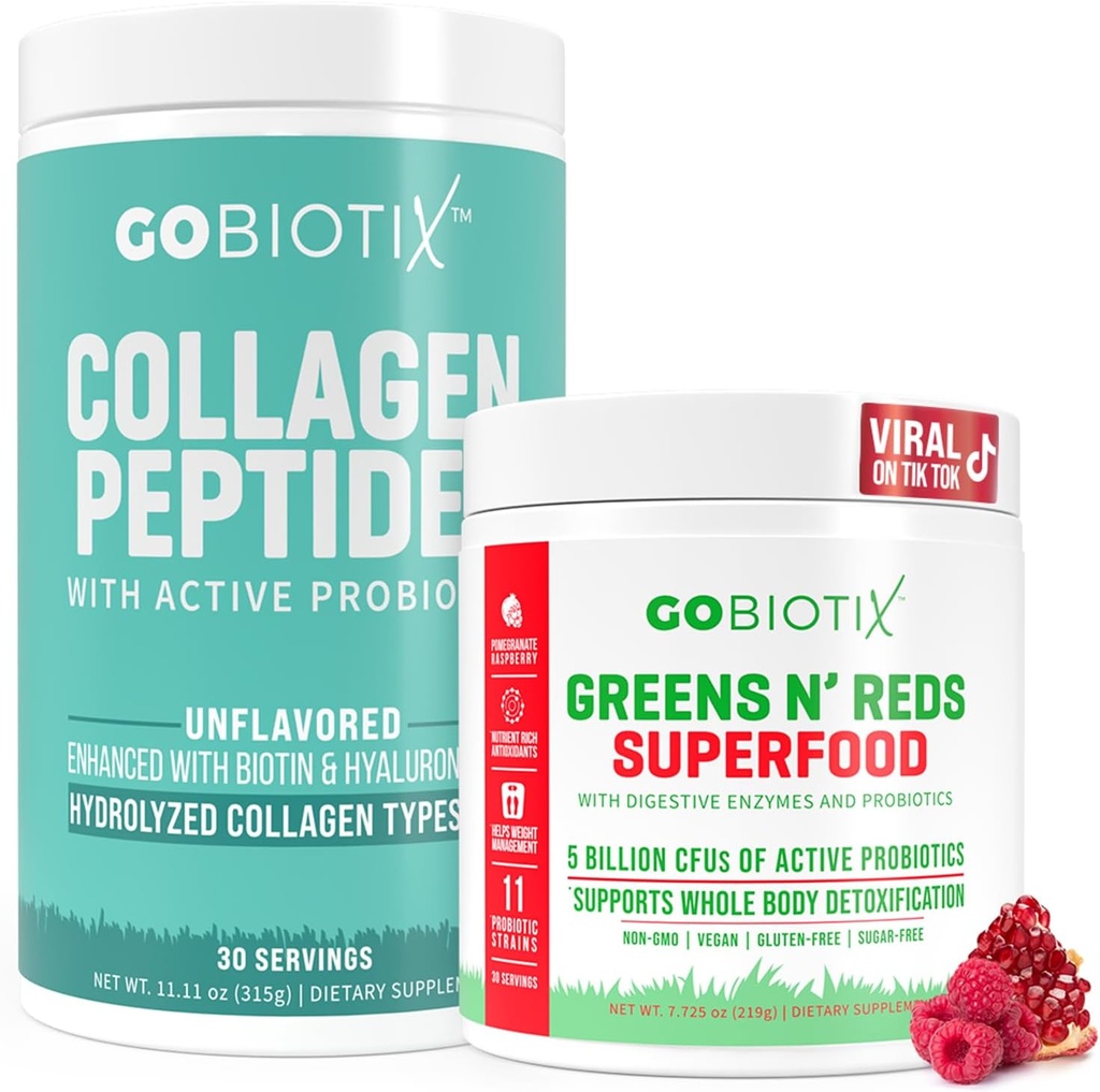 GOBIOTIX Super Greens & Collagen Bundle - Vitality Boost z organskim Spirulina & Hair-Skin-Nails podpora - 30 Servings vsak