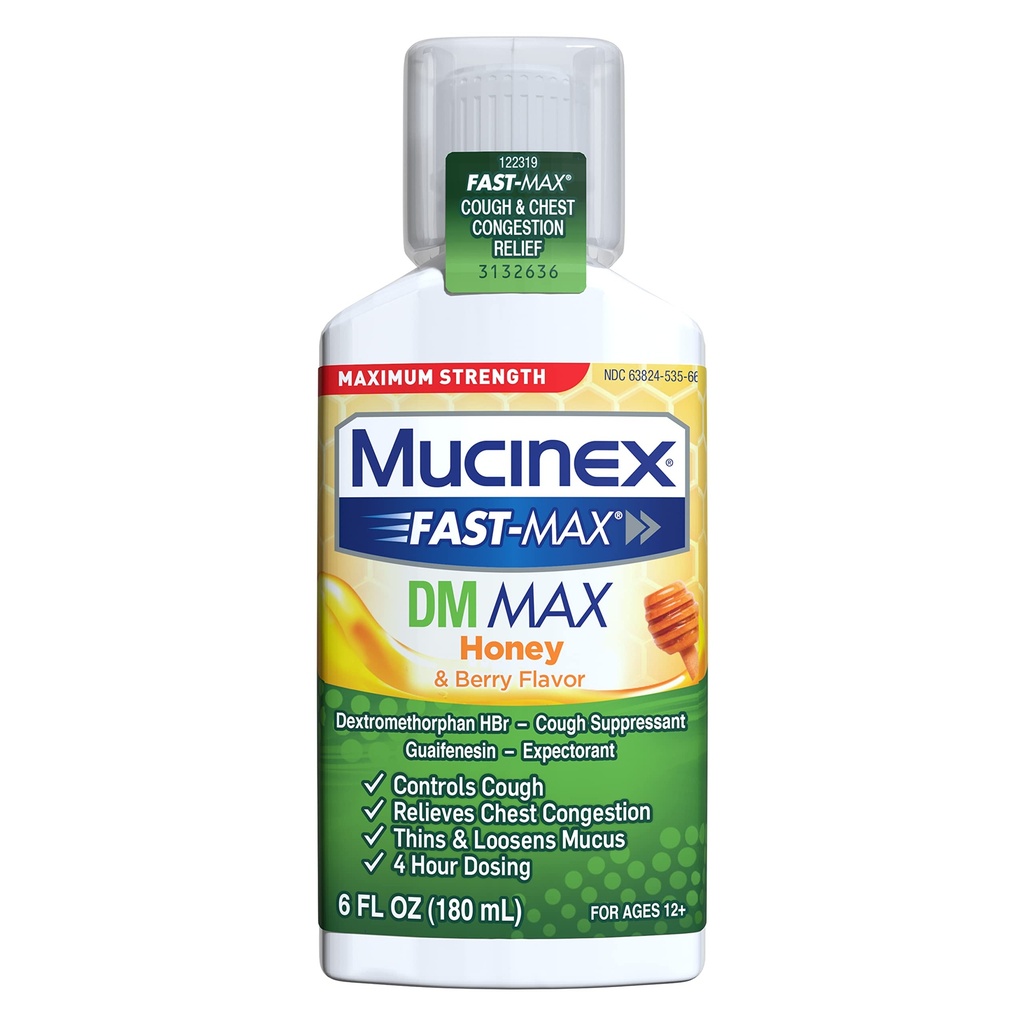 Mucinex Fast-Max Največja moč DM MAX, Simptom Relief, Cough Supressant in Pričakujočega, Med & Berry Flavor, 6 FL OZ