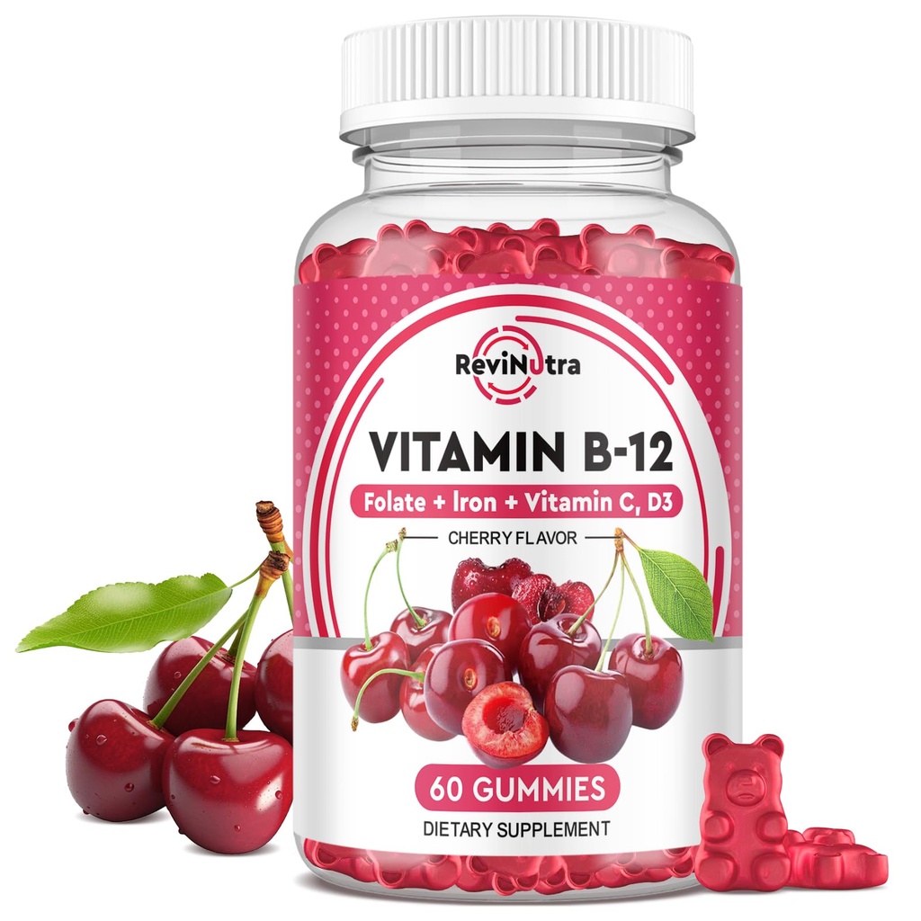 Vitamin B12 Gumies - 5000 mcg Metilkobalamin z železom, vitamin C, D3 & Folat, energijska podpora in presnova, Imunski, B-12 Kompleksni žvečljivi dodatek za moške in ženske, Vegan- 60 Count