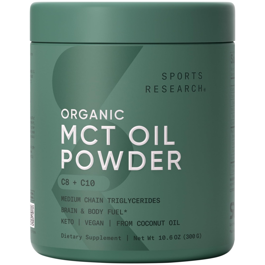 Sports Research Organic MCT Oil Powder - Keto & Vegan MCTs C8, C10 iz kokosovih orehov - Maščobne kisline Možgani in telesno gorivo, brez GMO & Gluten - nearomatiziran, popoln v kavi, čaj in beljakovine Shake - 10,6 oz