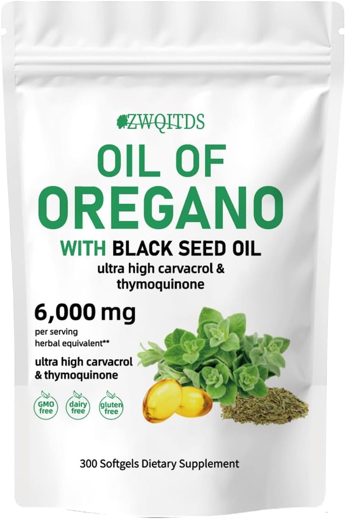 Olje Origano s črnim oljem 2 v 1 Softgels 6000mg 300 Count Non-GMO Imune Support Herbal Formula