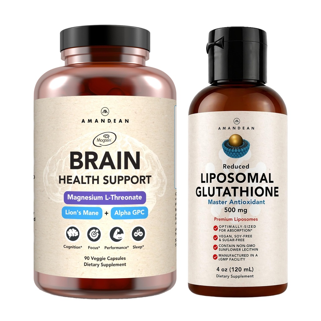 AMANDEAN Premium Brain Health Supplement & Liposomal Glutatione Bundle. Trojna Formula z magnezijevim L-treonatom, USA-Grown organski lev Mane 6:1 ekstrakt, in Alpha-GPC. Podpora Kognicija, Focus &