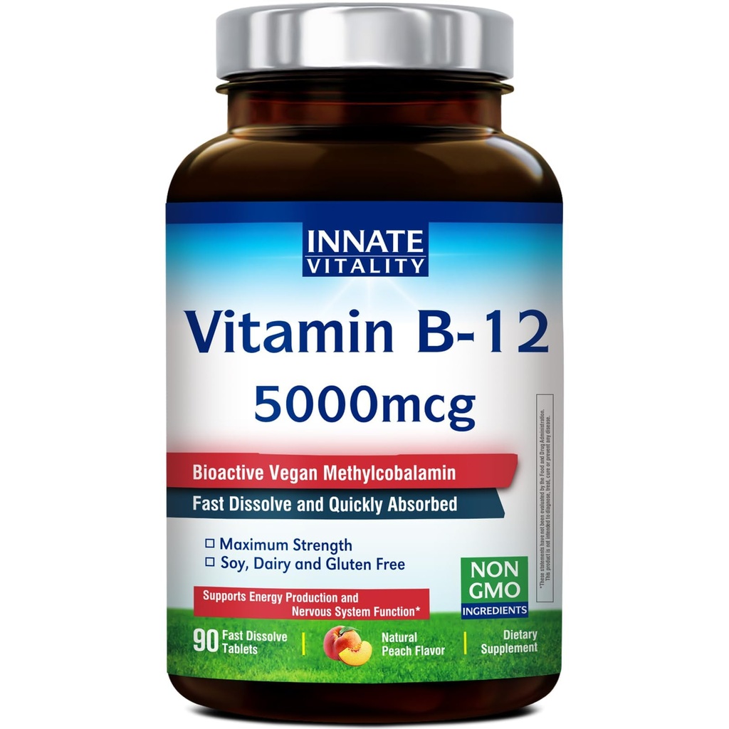 Prirojena vitalnost Vitamin B12 5000mcg, Podjezično, Vegan Metilkobalamin, Hitre raztapljajoče tablete, Naravne Peach Flavor, Podpira proizvodnjo energije in zdravo živčevje, 90 tablet