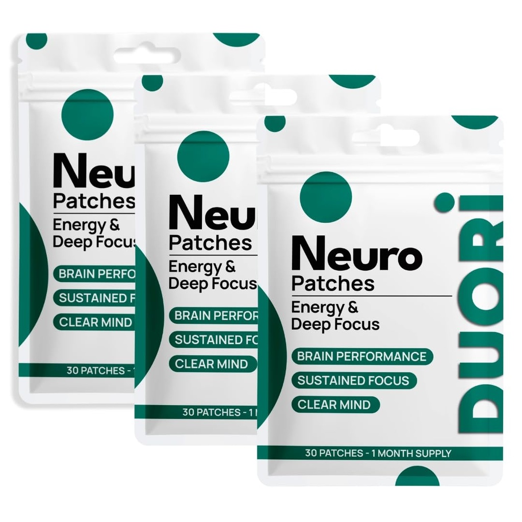 Neuro Patch - Focus & Brain Support - Natural Caffeine + L-Theanine + Rhodiola + Black Pepper Extract - Sugar Free Nootropic Cognitive Brain Focus Patch - 30 Pieces (3 Pack (90 Patches))