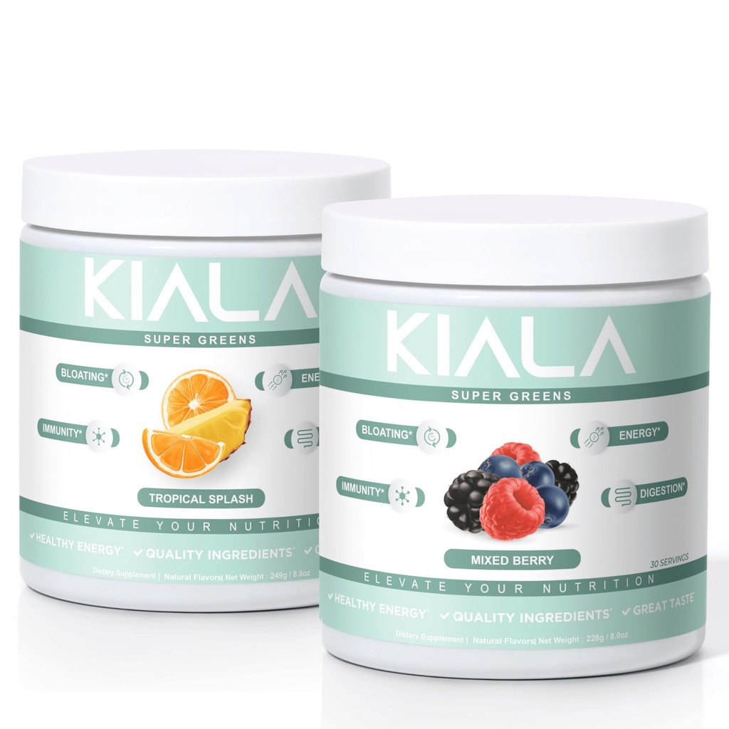 Kiala Nutrition Super Greens, Organic Greens Powder, Spirulina & Klorella Superfood Powder, Sladkor & Gluten Prost Vegan, Spectra Mešanica, Tropical Slush, Mešano Berry 2 Pack