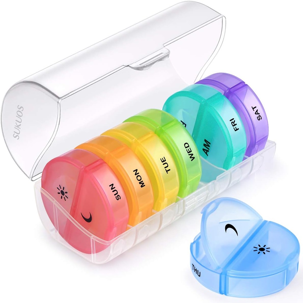 Sukuos velike tedenske tablete Organizator 2 krat na dan, Daily Pill Box 7 dan Enostaven za odpiranje z dvojno zaščito, AM PM tablete Primer za medicino/vitamin/ribje olje/dodatek (Clear)