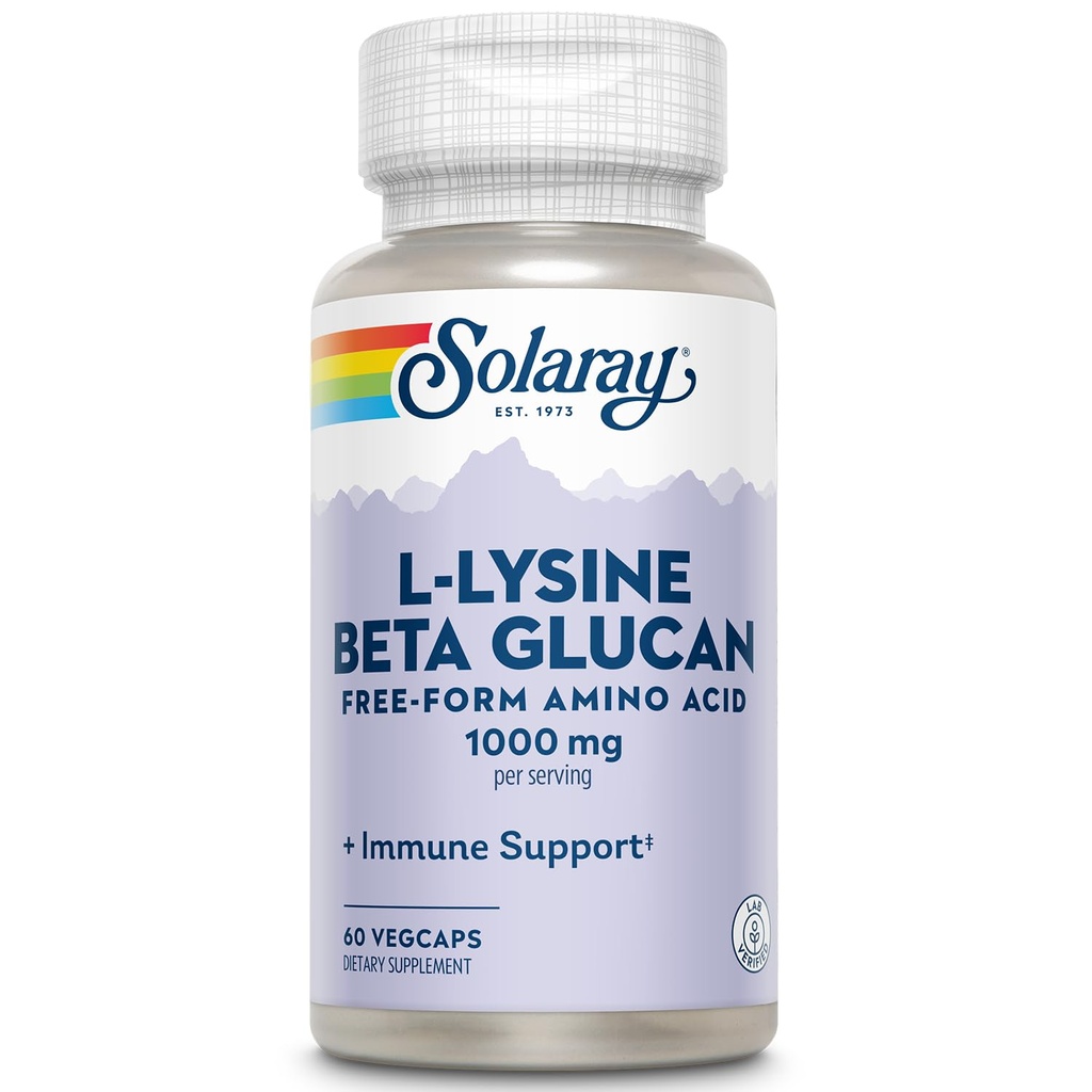 SOLARAY L-Lysine with Beta Glucan 1000mg Capsules - L Lysine Supplement 1000 mg for Women & Men, Free Form Amino Acid, Immune Support for Adults - 60 Ct Veg Caps