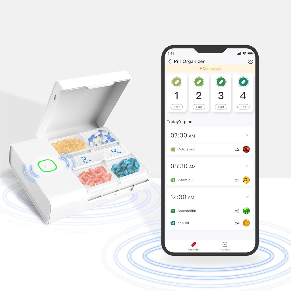 Comfytemp Medicine Box - Smart Medicines Organizator z brezplačno aplikacijo, Načrt tablet na tabletke, Alarm opomnik, 4 Velikih oddelkov, Ponovna polnjenje Prenosne tablete Škatla za zdravila/Vitamini/Dopolnila