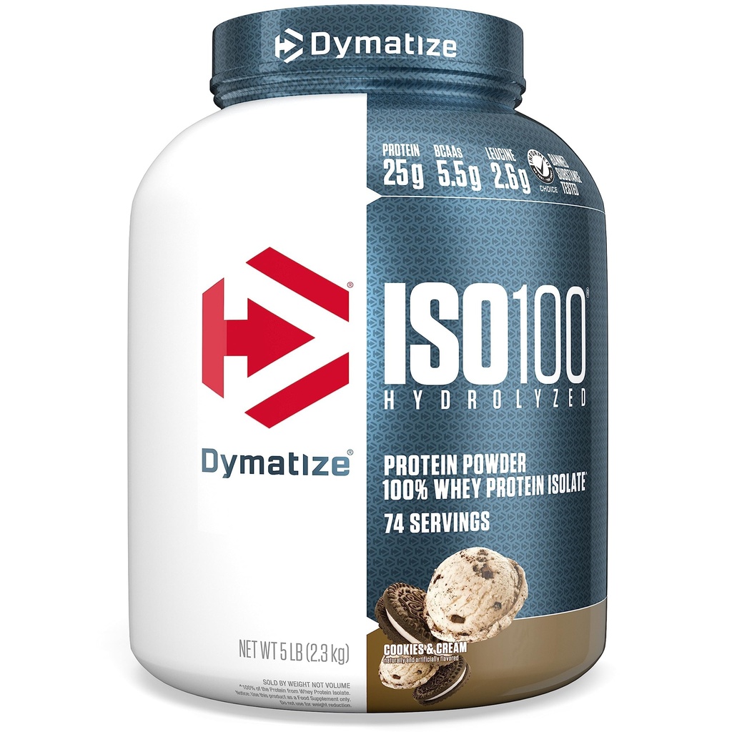 Dymatize ISO100 Whey Protein Powder Isolat, Piškotki in krema, 25 g beljakovin, 5 funt, 5,5 g BCAA, manj kot 120 kal., brez glutena, 1 g maščobe, 1 g sladkorja, 2 g ogljikovega dioksida (74 servingov)