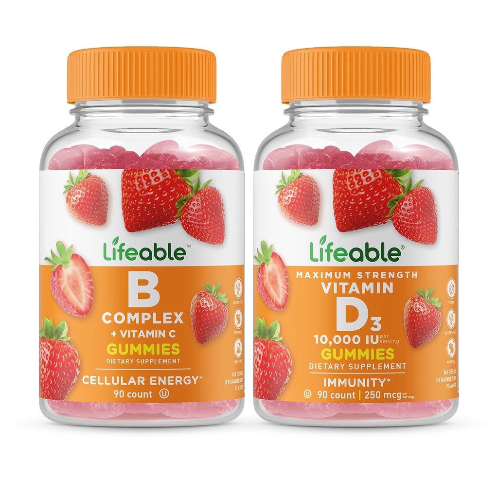 Življenjski B Complex + Vitamin D 10000 IU, Gummies Bundle - odličen okus, Vitamin dopolnilo, Gluten brezplačno, GSO brezplačno, Žvečljiva