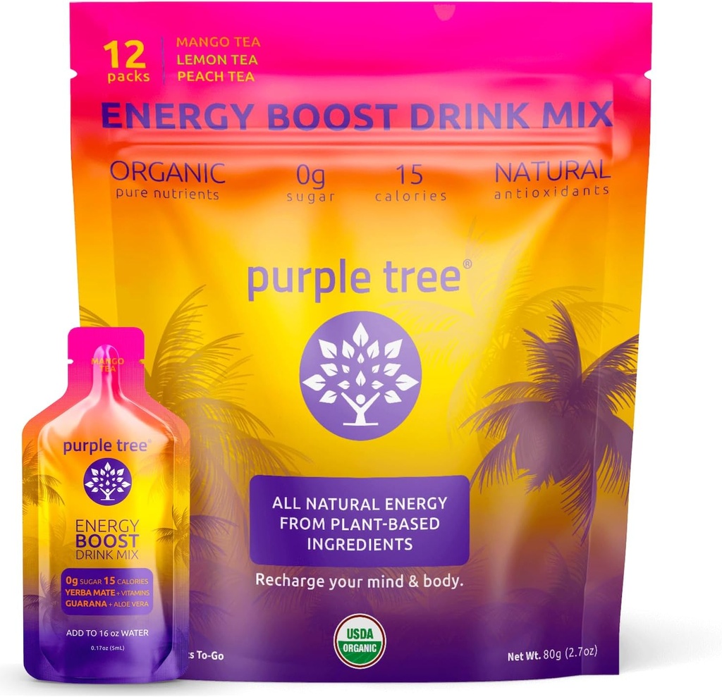 vijolično drevo Ekološka energijska nalepka – nič sladkorja, 80mg naravni kofein iz Yerba Mate & Guarana, z B12 Vitamini za gladko, Crash-free energije – Lemon ledeni čaj aroma, 12 do-Go paketi