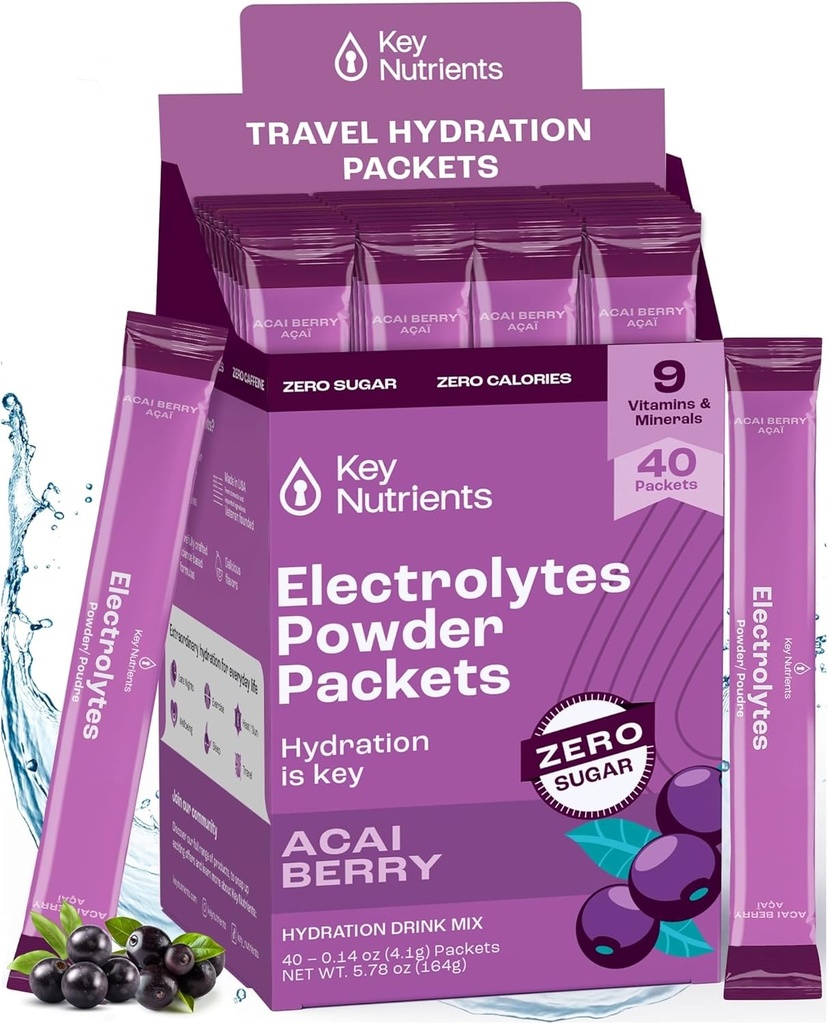 KLJUČNI HRANILCI Multivitaminski elektroliti Powder Packets - Delicious Acai Berry 40 Pack Hydration Packets - Travel Hydration Powder - Brez sladkorja, brez kalorij, brez glutena - Made in USA