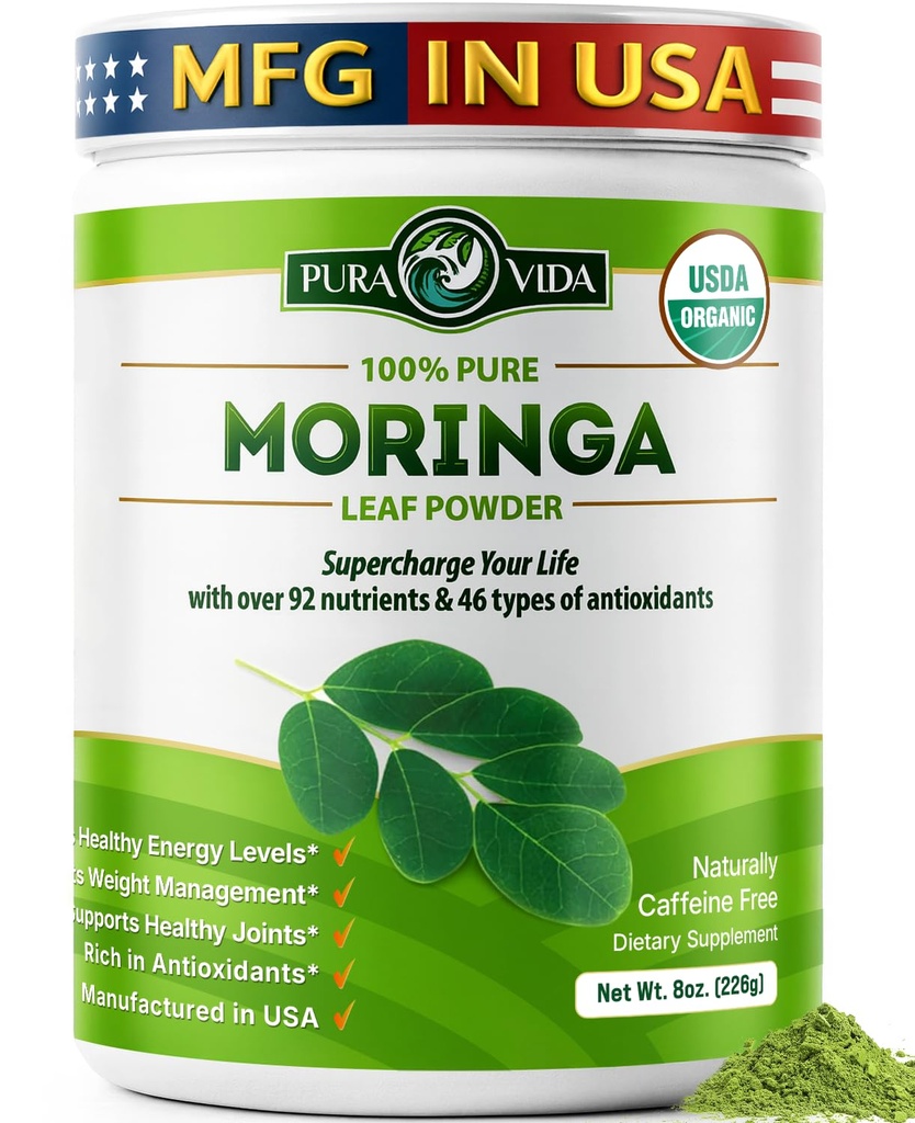 PURA VIDA MORINGA Powder Organic Single Origin - Premium 100% Leaf Powder, USDA Organic Moringa Oleifera, Moringa Leaf Powder - Kot nalašč za napitke in recepti. 8 oz.