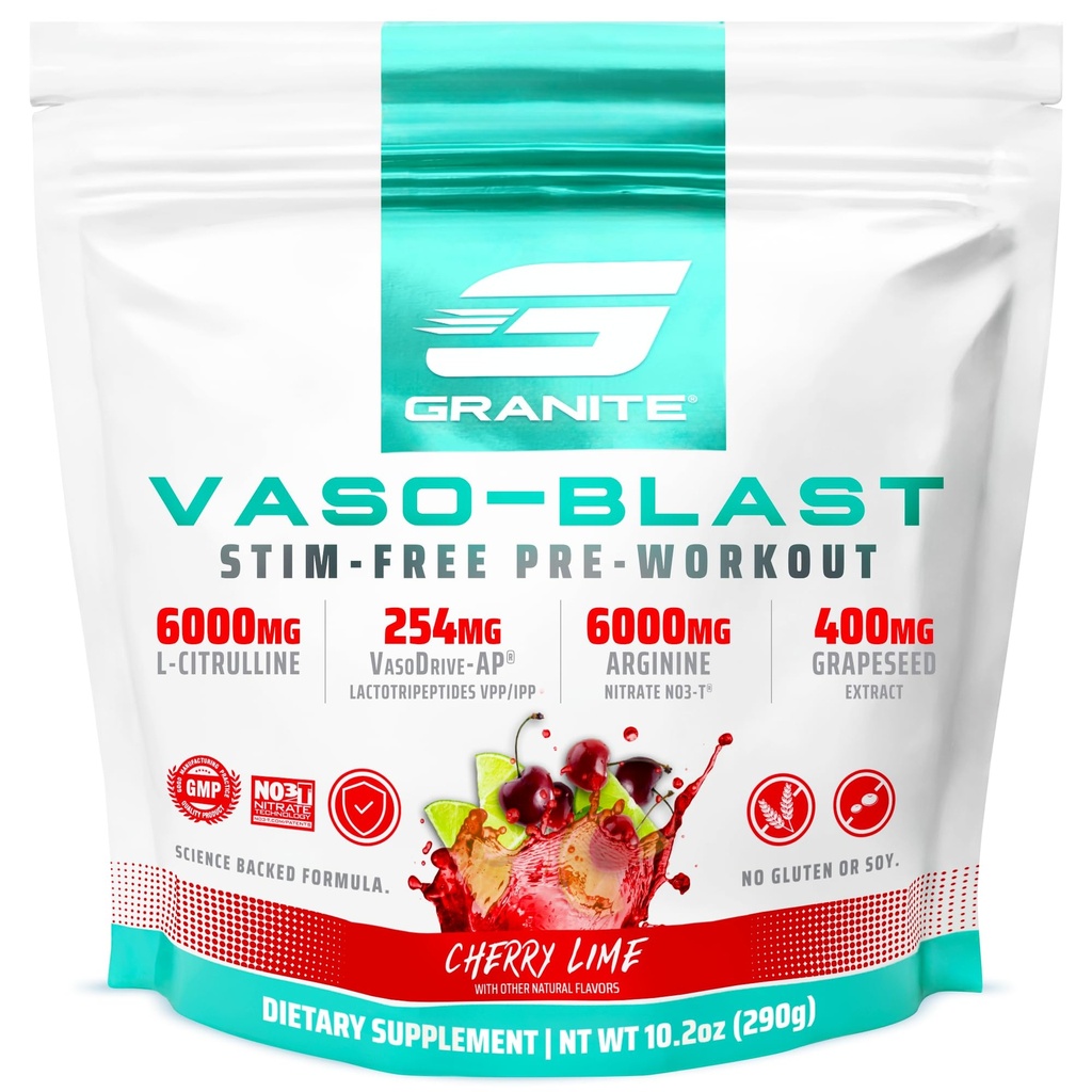 Granit dopolnila Vaso Blast, češnjeva limetna aroma, Stimulant-free Pre Workout za moške in ženske z izvlečkom grozdnega semena, Arginin Nitrite, & VasoDrive-AP za Max Pump (20 Servings)