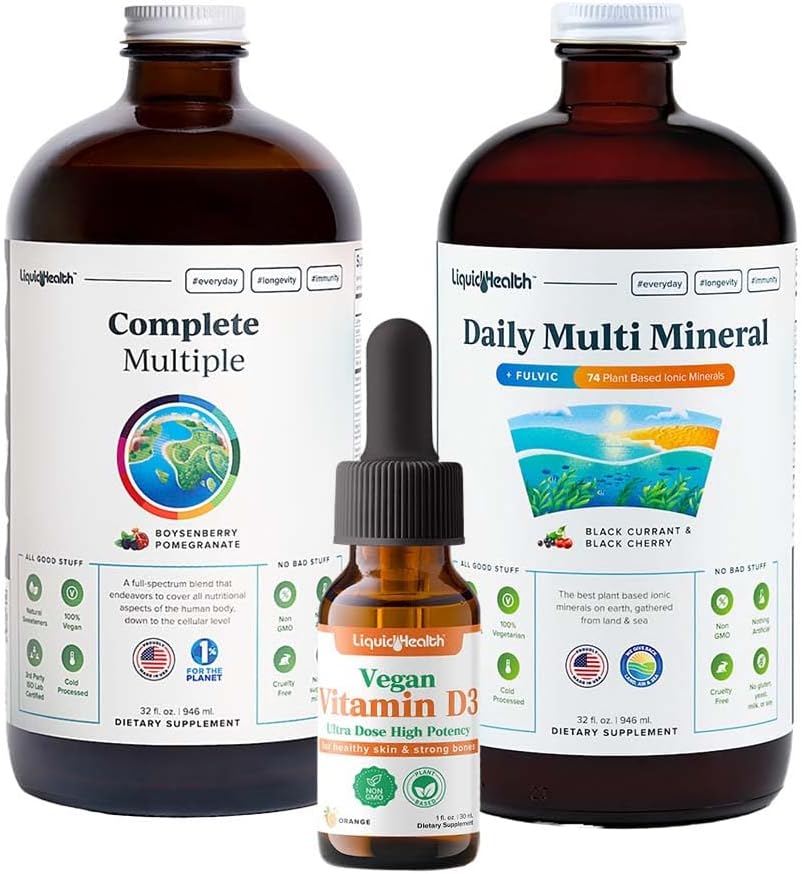 LIKVIDHEALTH Ultra Immuniteta Tekoči vitamin paket za odrasle s popolnim multivitaminom, Daily Multi Minerali in Vegan Vitamin D3 Kapljice - Imunska podpora Vitamini, Cela živila, Vegan, Non GSO