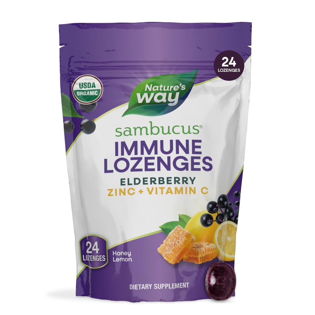 Naravoslovna pot Sambucus Cink Lozenges z Bezgovo jagodo in vitaminom C, medeno limonino aromo, 24 Lozenges