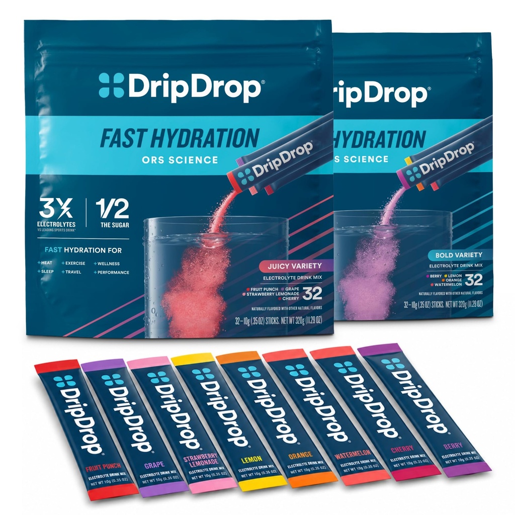 Hidracija DripDrop - Electrolyte Powder Packets - lubenica, Berry, Lemon, Orange, Sadni Punch, Grozdje, Jagodna limonada, Cherry - 64 Count