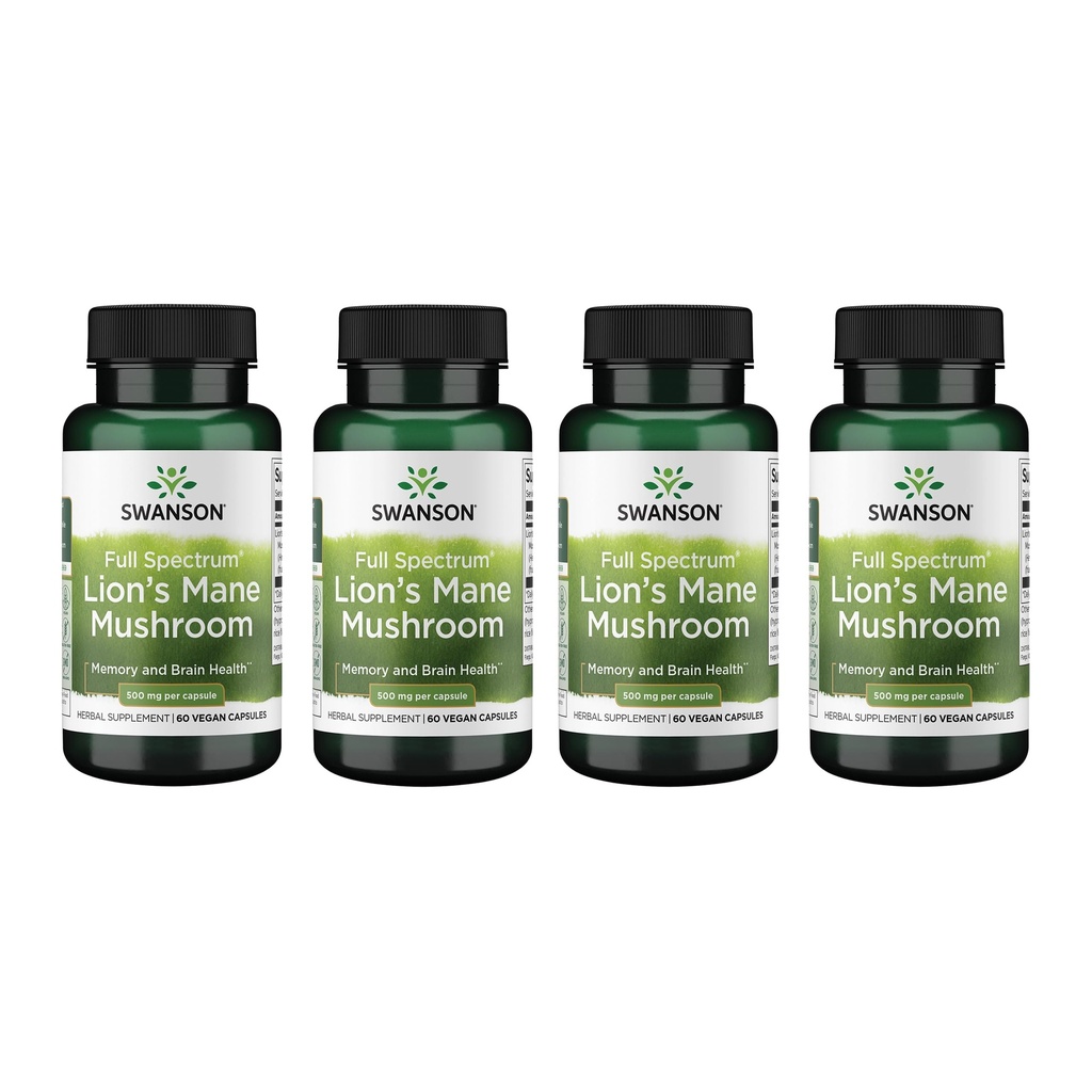 Swanson Full Spectrum Lion's Mane Gobe - Brain Health Supplement to support Memory, Focus & Claritete* - Lahko tudi pomaga Imunsko, srce in prebavnega zdravja - Gluten-free & Non-GMO - 60 kapsul (4 paket)