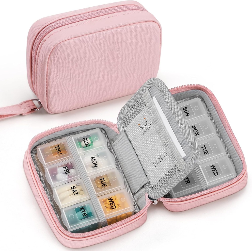 Zannaki Cute tablete Organizator za torbico z dvema odstranljivi 7-dnevno tabletke škatle, Travel PU usnje tablete primeru, Prenosni tedenski tabletke kontejner s shranjevanjem vrečko za zadrževanje vitaminov, ribje olje, dodatki (Pink)