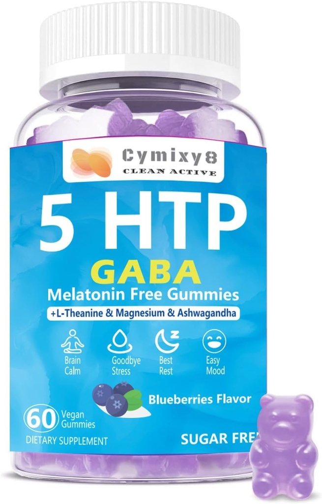 5-HTP GABA Gumies Mešanica 1700mg, Sugar-free Calm Gumies z L Theanine, Magnezij, Ashwagandha, Omega-3-6-9, Vitamin D3,B6 za naravne Zzzs, Mood, Brain-Calm, borovnice Flavor 60