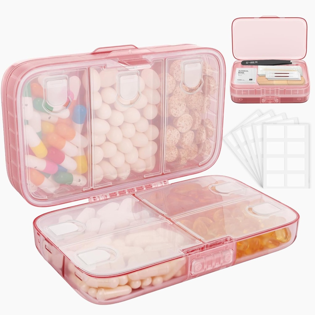 FYY Tedenske tablete Organizator z nalepkami,8 Kompartmenti Travel Daily Pill Primer Airtext Nepropustne velike tablete Škatla za zadrževanje vitaminov, ribje olje, dodatki,Cotton Swab in Bandages-Pink