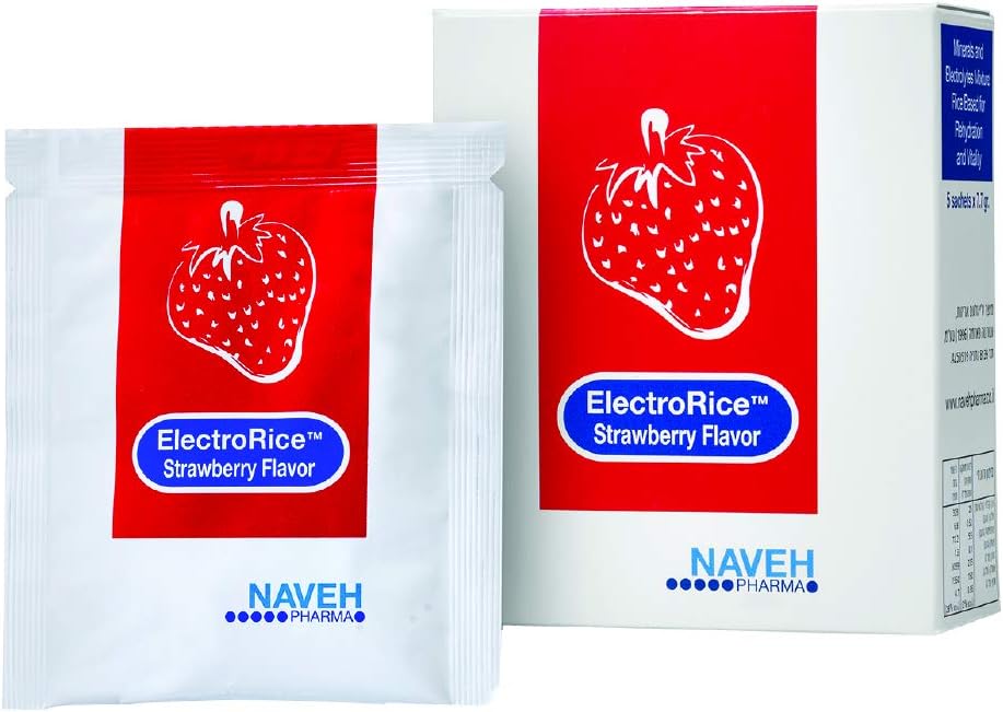 NAVEH PHARMA ElektroRice Proti dehidracija Elektrolitski dodatek Uporaba med šušljami driske in bruhanja, Naravna Riž na osnovi peroralnega preprečevanja dehidracije Otroci in odrasli, 5 Jagodne arome