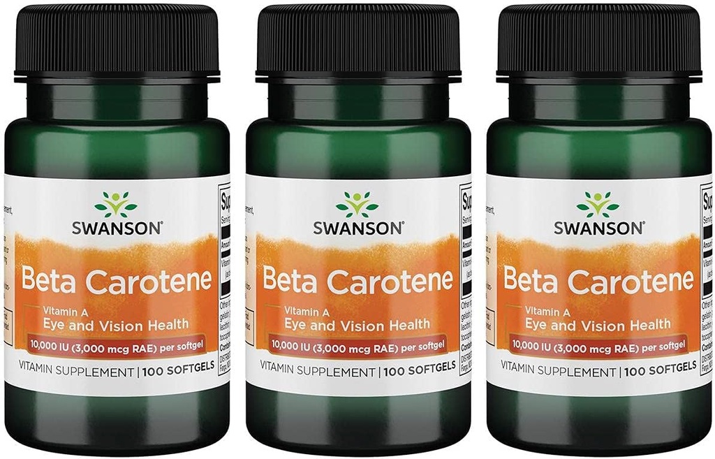 Swanson beta-karoten (vitamin A) Kožni imunski sistem Zdravje Antioksidant Podpora 10000 Iu (3000 μg) 100 Sgel (3 pakiranja)