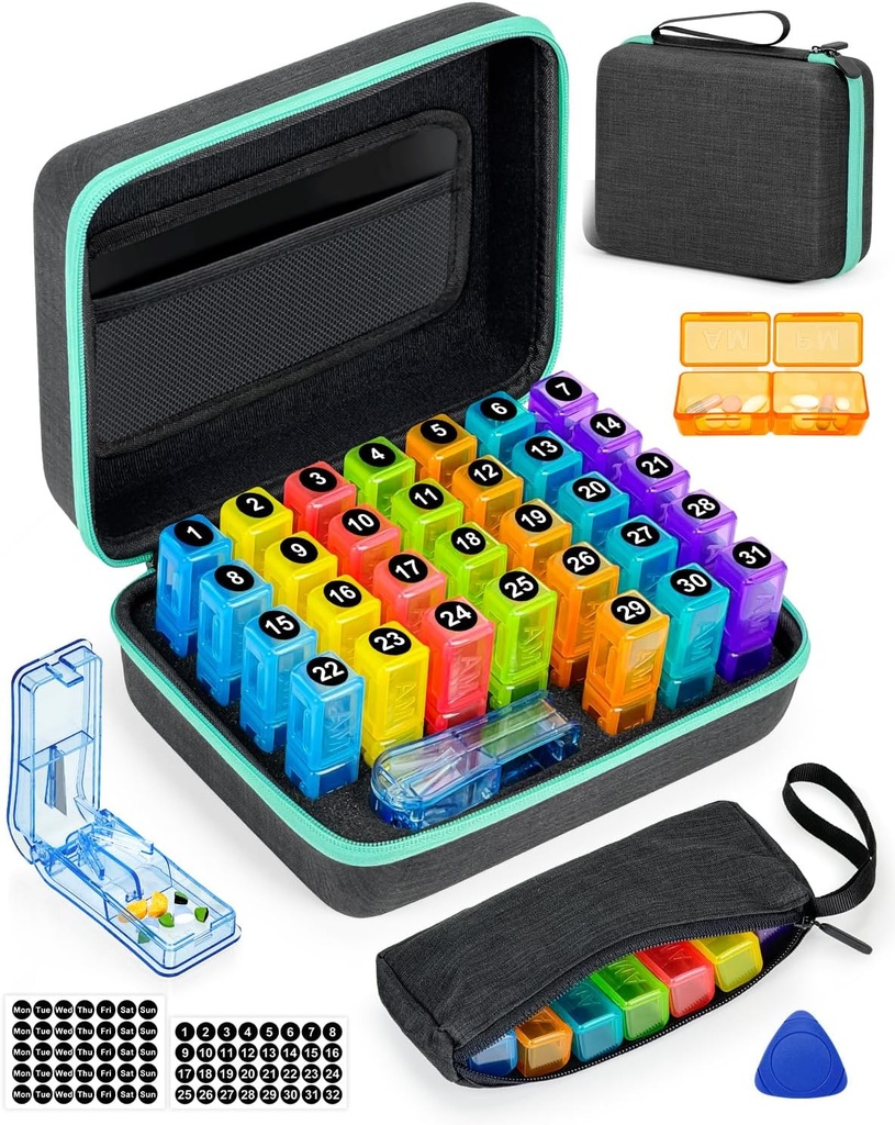 Mesečne tablete Organizator 2 krat na dan, s tedensko tabletke vrečko, Prenosni Hard Shell, Tablete Cutter, Plastic Otvoritvena Pick, Mesečno & Tedenski Nalepke, Priročno upravljanje zdravil in sledenje
