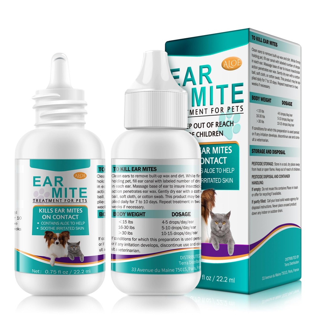Ear Mite Treatment for Dogs and Cats,Ear Infection Treatment Drops,Relief for Dogs and Cats Suffering from Ear Mites, Pets Ear Cleaning Drops with Soothing Aloe for Dog & Cats (0.75 Fl Oz (Pack of 1))