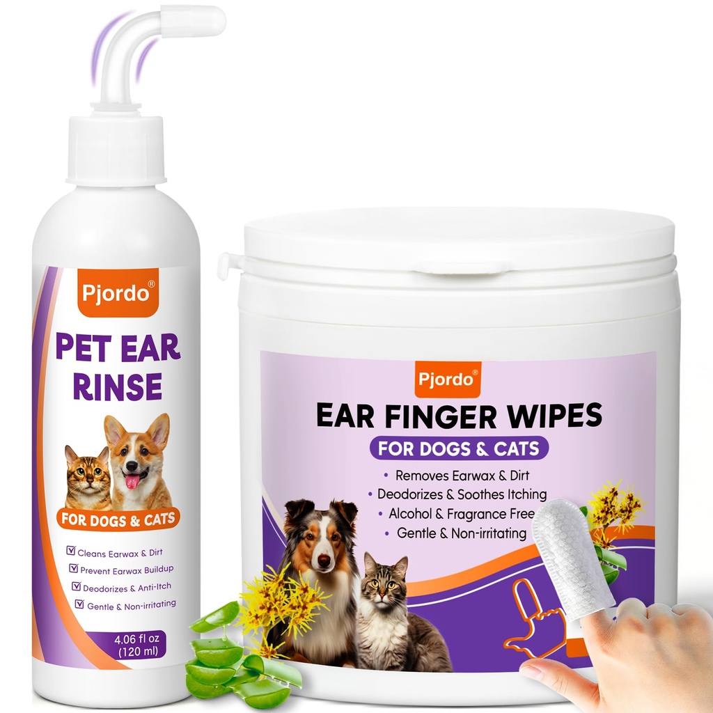 Pjordo Pet Ear Cleaner Set - Dog Ear Cleaner with Aloe Vera & Witch Hazel, Dog & Cat Ear Cleaner Solution for Soothing Ear Itching & Deodorize, Ear Wipes for Dogs & Cat Gently Removing Ear Wax & Dirt