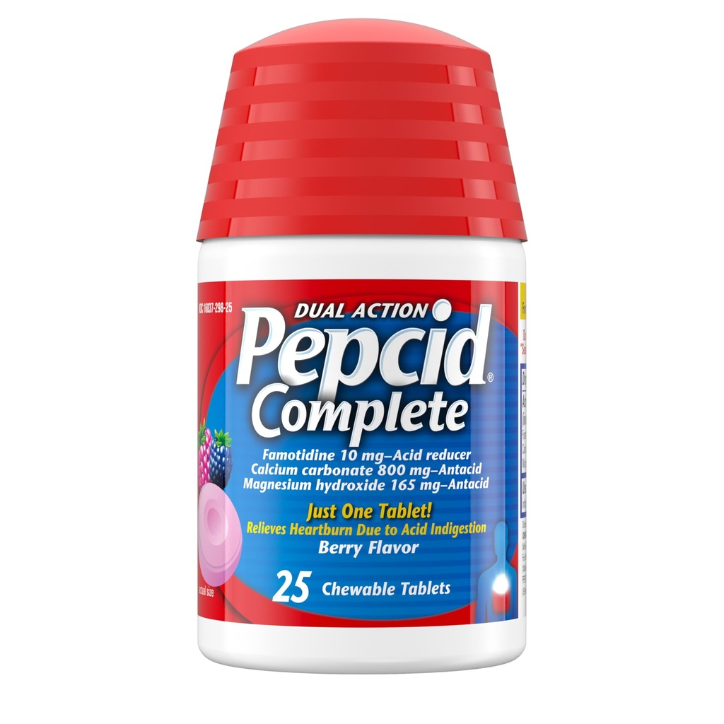 Pepcid Popolni reduktor kisline + Antacid za Refluks kisline, 10 mg Famotidin, 800 mg kalcijev karbonat & 165 mg magnezijev hidroksid na zgago Medicine Tableta, Antacid Chews, Berry, 25 ct