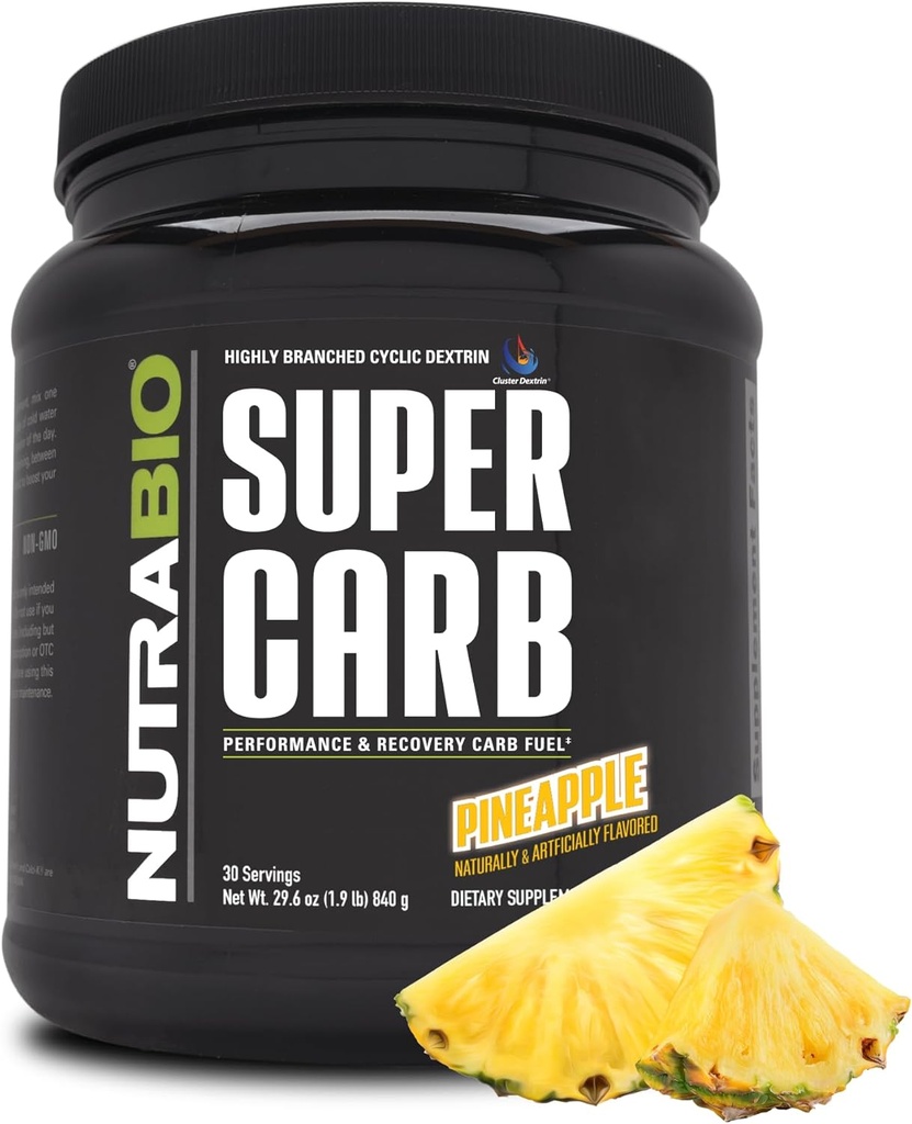 NutraBio Super Carb, ogljikovi hidrati v prahu z grozdnim dekstrinom in elektroliti, napredni ogljikovi hidrati v prahu za gorivo, zmogljivost in okrevanje mišic, ciklični dekstrin, Ananas, 30 Sv