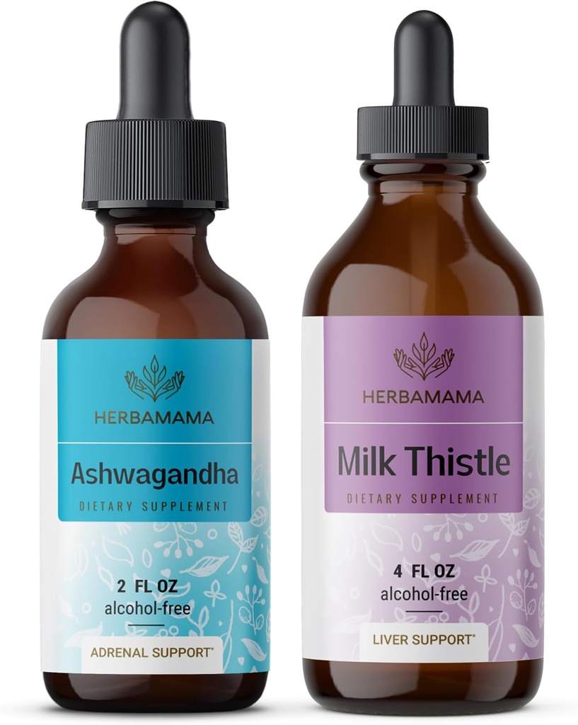 HERBAMAMA Zeliščne tekoče kapljice Kit - Bundele Ashwagandha Root Tinkture 2 fl oz & mleko Thistle Extract 4 fl oz - Vegan, Non-GMO, Sugar & Alkohol-free - 2 Pack