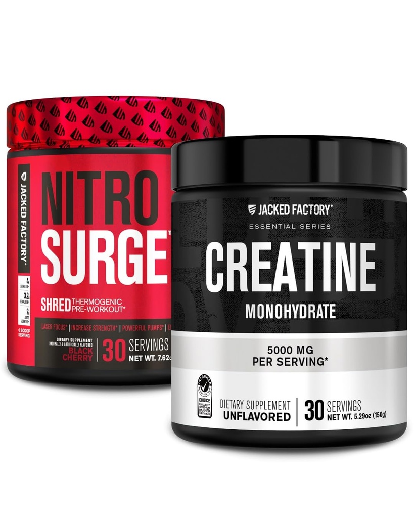 Jacked Factory NITROSURGE Shred Pre Workout dodatek (Črna češnja, 30 Servings) & Kreatin monohidrat v prahu (Nearomaled, 30 Servings)