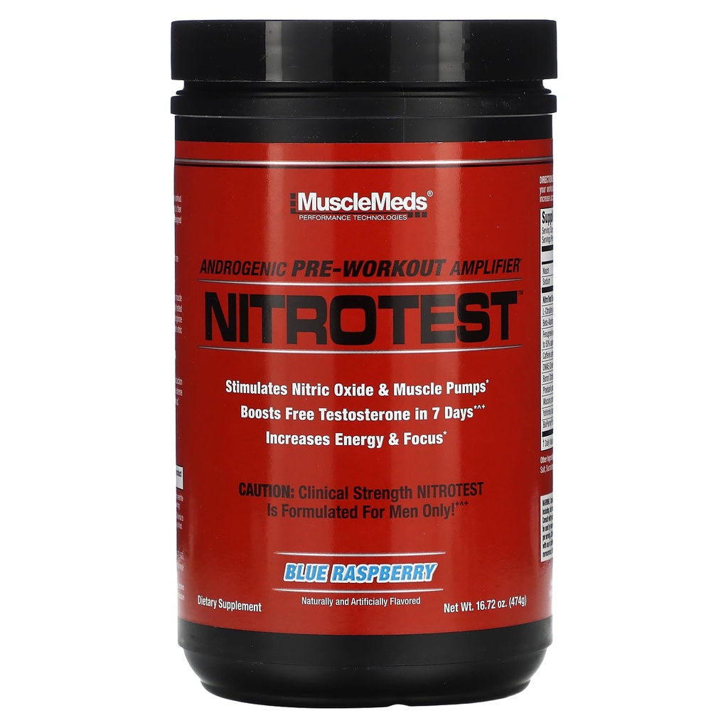 MuscleMeds Nitrotest pred treningom dopolnilno pijačo, povečanje dušikov oksid, Testosteron, Modra malina, 30 Serving, 1.04 Pound, 1 Count