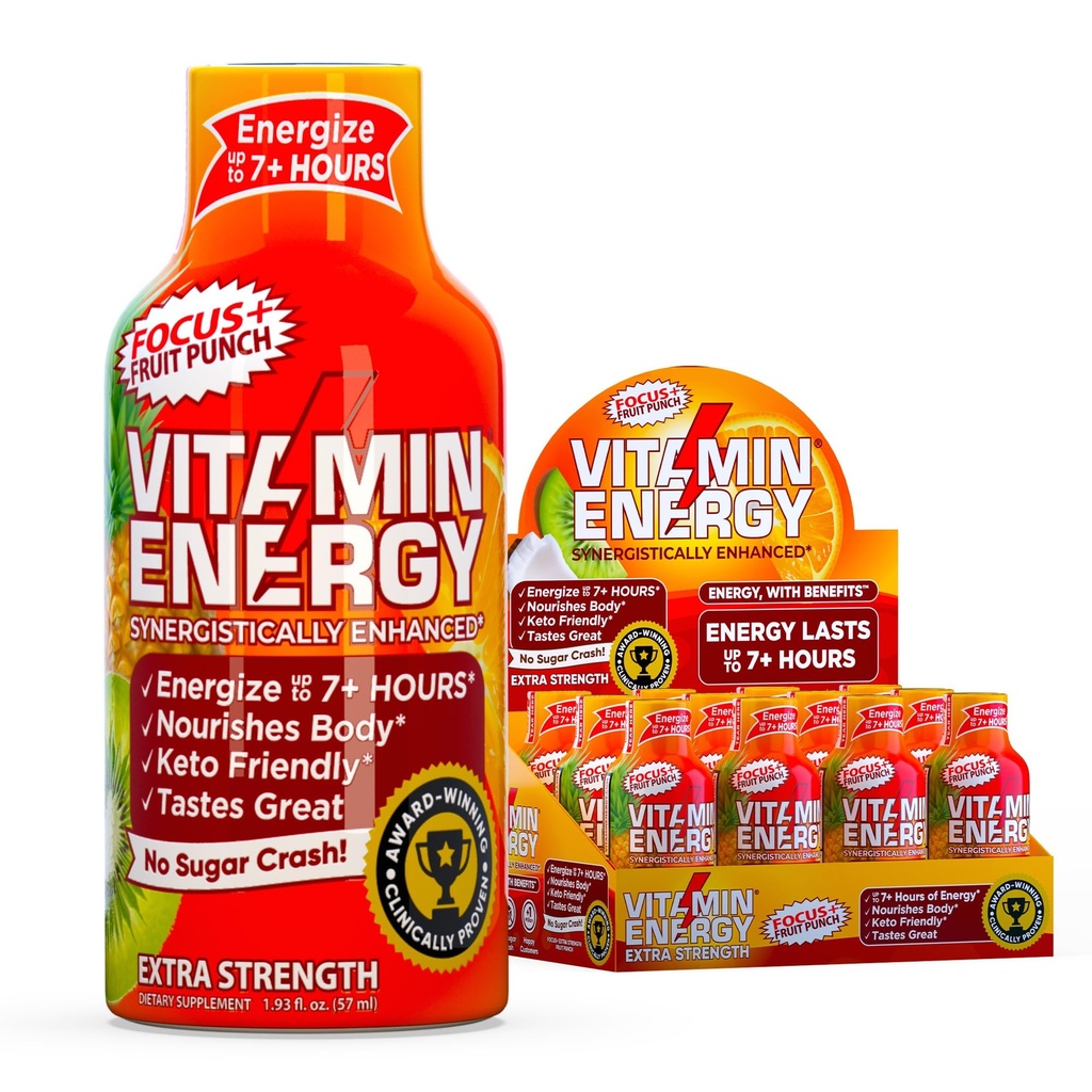 Vitamin Energija Fokus+ Ekstra Energija Shot Sadni Punch 12 Pack, 260mg Naravni kofein, B-vitamini, CoQ10, Aminokisline, Fokus, Produktivnost in čistost, Nič sladkorja, Gluten-free, 1,93 fl oz