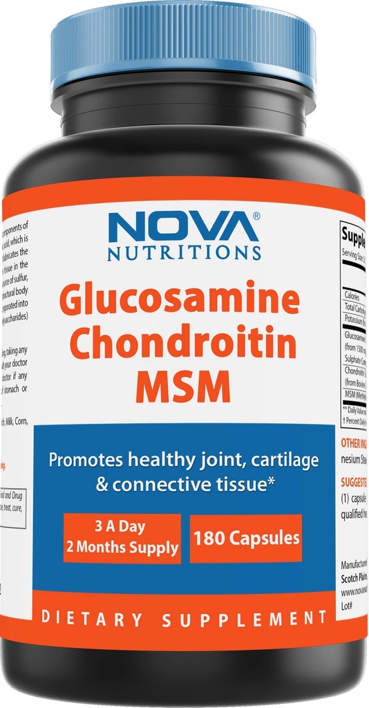 Nova prehrana Triple Jakost Glukozamin Chondroitin MSM 2600mg/Serving kapsule, Podpira zdravo skupno, kartilaža in povezana tkiva - spodbuja skupno udobje in prilagodljivost 180 Število