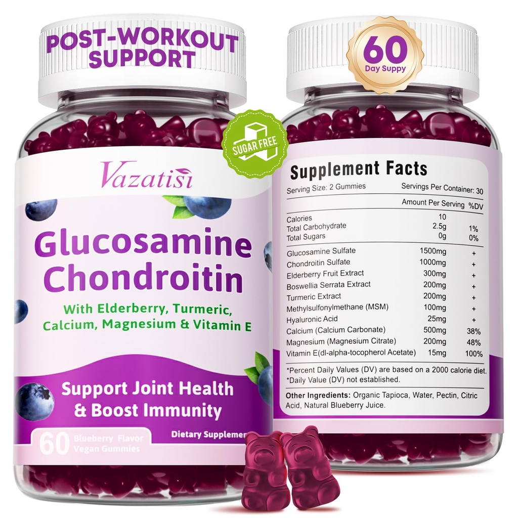 2 Pack Glukozamin Chondroitin Gumies - Glukozamin Chondroitin z MSM, Elderberry, Kurkuma, Skupni dodatek za podporo za odrasle, moške in ženske - borovnice Flavor, 120 Cts
