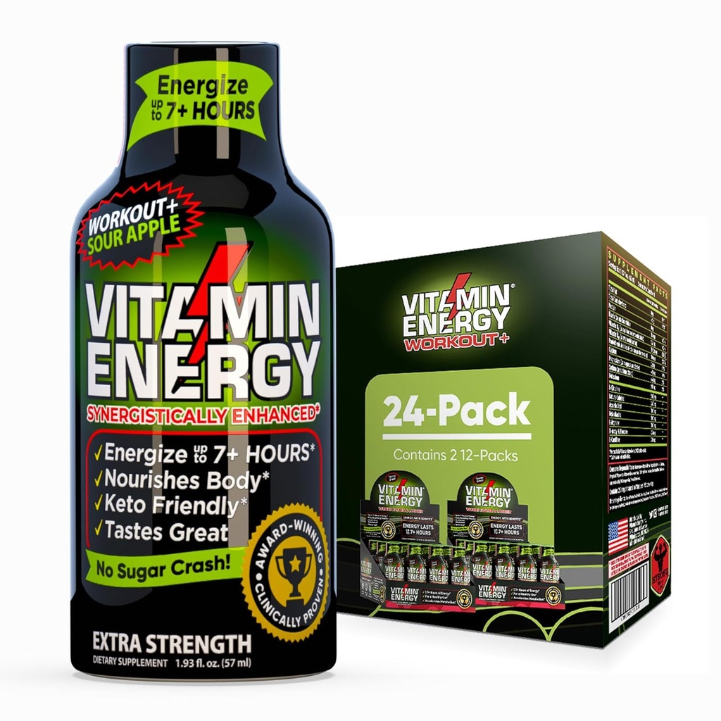 Vitamin Energy Workout+ Dodatna moč Energija Shot Sour Apple 24 Pack, 260mg Naravni kofein, Pred-workout, B-Vitamini, Minerali, vzdržljivost in zmogljivost, Nič sladkorja, Gluten-free, Vegan, 1,93 fl oz