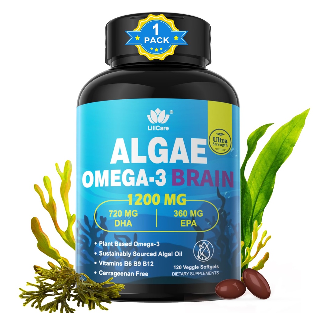 Omega 3 Ribje olje Softgels z DHA 720mg EPA 360mg, Vegan Algae Science 2:1 Razmerje za možgane oči, rastlina temelji trajno Omega 3 Dopolnilo, ribje olje Alternative 1200mg, Brez okusa rib, 120Cts