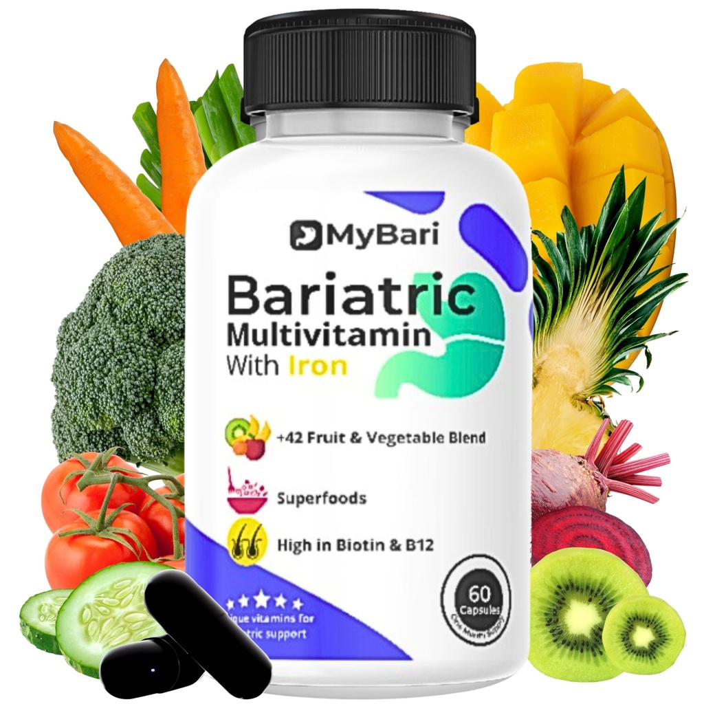 Vse-v-enem Bariatrični multivitaminski z železom - Made in USA - za moške in ženske - podpira Gastrični rokav in obvoz z 42+ Fruit & Veggie Mešanica - 60 tekočih kapsul